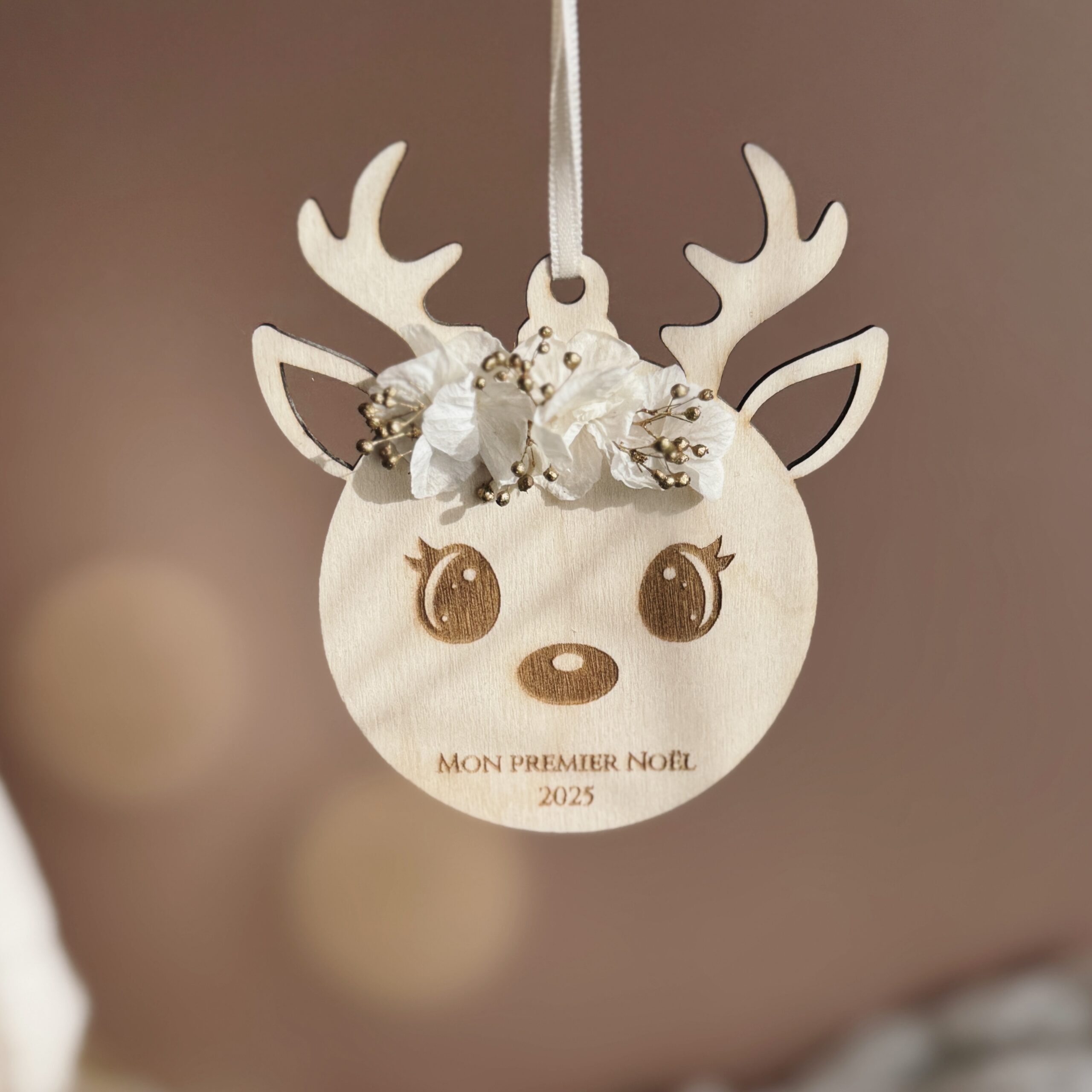 Boule Renne de Noël personnalisée fleurie